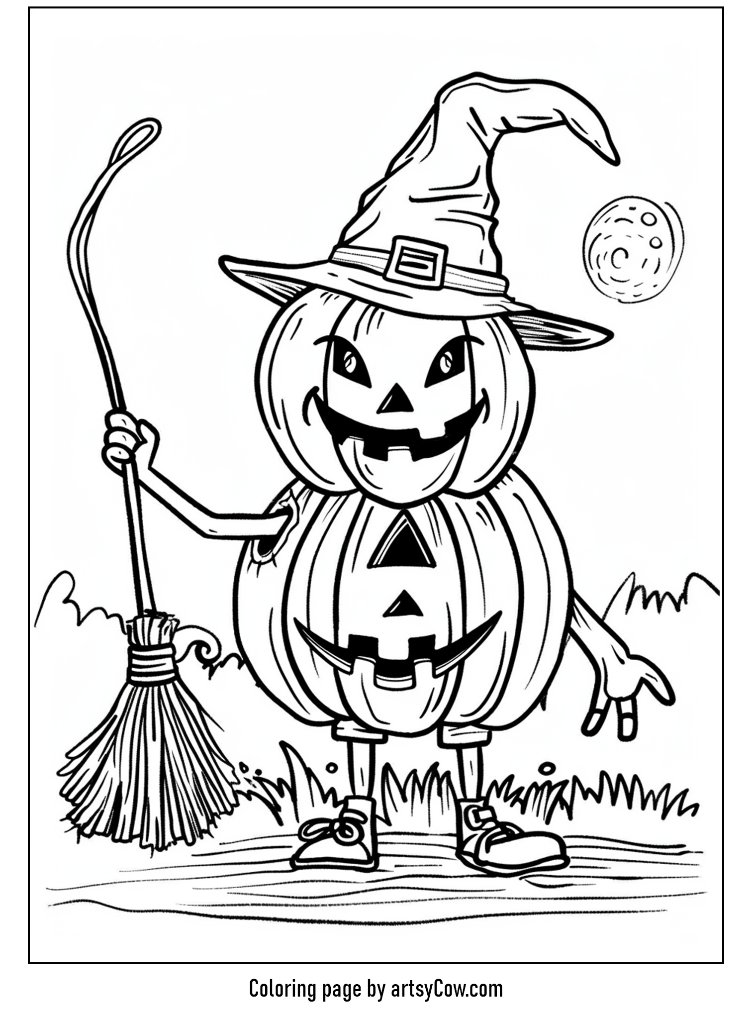 halloween pumpkin drawings for kids featuring a pumpkin with a mischievous grin wearing a witch's hat, standing with a broom.
